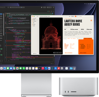 Studio Display XDR, a kijelzőn egy készülő dokumentum az Xcode-on belüli Claude Agentben, Mac Studio elölnézetből
