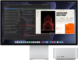 Studio Display XDR, a kijelzőn egy készülő dokumentum az Xcode-on belüli Claude Agentben, Mac Studio elölnézetből