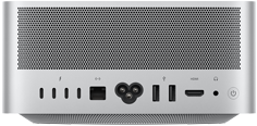 Mac Studio, hátulnézeti kép, perforált alumínium levegőkiömlő, négy Thunderbolt 5 port, egy Ethernet-, egy tápcsatlakozó, két USB-A, egy HDMI-, egy fejhallgató-csatlakozó, valamint bekapcsológomb