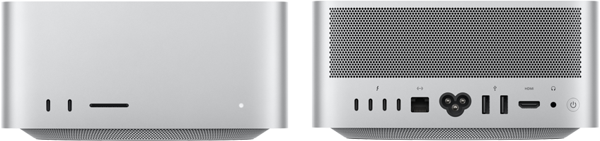 Ezüstszínű Mac Studio elölnézetből, két USB‑C port, SDXC-kártyahely, állapotjelző fény, kúpos formájú alap, lapos felső rész, lekerekített oldalak, egyenes élek; Mac Studio, hátulnézeti kép, perforált alumínium levegőkiömlő, négy Thunderbolt 5 port, egy Ethernet-, egy tápcsatlakozó, két USB-A, egy HDMI-, egy fejhallgató-csatlakozó, valamint bekapcsológomb