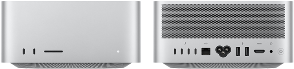 Ezüstszínű Mac Studio elölnézetből, két USB‑C port, SDXC-kártyahely, állapotjelző fény, kúpos formájú alap, lapos felső rész, lekerekített oldalak, egyenes élek; Mac Studio, hátulnézeti kép, perforált alumínium levegőkiömlő, négy Thunderbolt 5 port, egy Ethernet-, egy tápcsatlakozó, két USB-A, egy HDMI-, egy fejhallgató-csatlakozó, valamint bekapcsológomb