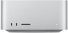 Ezüstszínű Mac Studio elölnézetből, két USB‑C port, SDXC-kártyahely, állapotjelző fény, kúpos formájú alap, lapos felső rész, lekerekített oldalak, egyenes élek; Mac Studio, hátulnézeti kép, perforált alumínium levegőkiömlő, négy Thunderbolt 5 port, egy Ethernet-, egy tápcsatlakozó, két USB-A, egy HDMI-, egy fejhallgató-csatlakozó, valamint bekapcsológomb