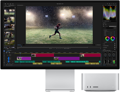 Studio Display XDR beépített állvánnyal, a Mac Studio jól elfér a képernyő alatt, a kijelzőn videószerkesztési és fényelési eszközöket alkalmazó munkafolyamat