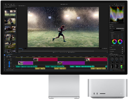 Studio Display XDR beépített állvánnyal, a Mac Studio jól elfér a képernyő alatt, a kijelzőn videószerkesztési és fényelési eszközöket alkalmazó munkafolyamat