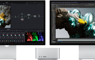 Studio Display és Studio Display XDR monitor, egy-egy a Mac Studio két oldalán, a kijelzőkön művészi munka, 3D-modellkezelő szoftver és más eszközök