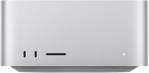 Mac Studio elölnézetből, két USB‑C port, SDXC-kártyahely, állapotjelző fény, kúpos formájú alap, lapos felső rész, lekerekített oldalak, egyenes élek, ezüstszínű bevonat