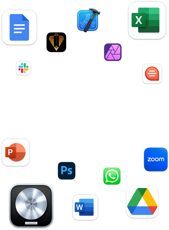 Alkalmazásikonok színes sora mutatja, milyen sokféle app futtatható a macOS-en.