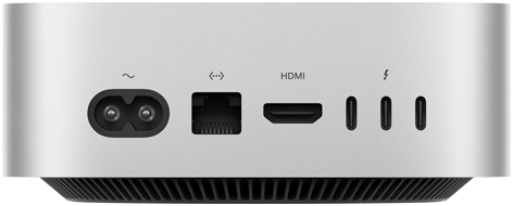 Ezüstszínű Mac mini hátulnézete a hátoldali portokkal: egy HDMI-port, egy Ethernet-port és három Thunderbolt port.