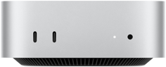 Ezüstszínű Mac mini elölnézete az előoldali portokkal: két USB‑C port és egy 3,5 mm-es fejhallgató-csatlakozó.