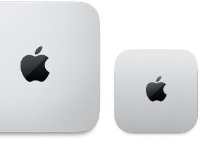 Ezüstszínű Mac mini felülnézetből, tetején az Apple logóval