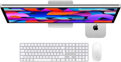 Mac mini egy Studio Display alatt, Magic Keyboard számbillentyűzettel, Magic Mouse