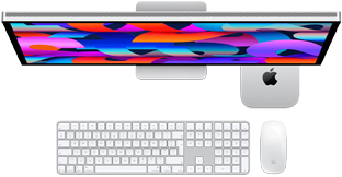 Mac mini egy Studio Display alatt, Magic Keyboard számbillentyűzettel, Magic Mouse