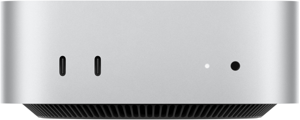 Mac mini elölnézetből, két Thunderbolt port, állapotjelző fény és fejhallgató-csatlakozó, kúpos formájú fekete alap, lapos felső rész, lekerekített oldalak, egyenes élek, ezüstszínű bevonat