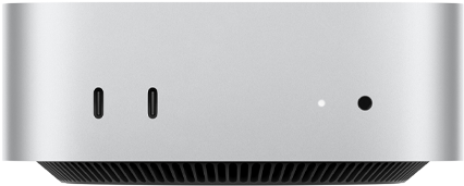 Mac mini elölnézetből, két Thunderbolt port, állapotjelző fény és fejhallgató-csatlakozó, kúpos formájú fekete alap, lapos felső rész, lekerekített oldalak, egyenes élek, ezüstszínű bevonat