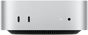 Mac mini elölnézetből, két Thunderbolt port, állapotjelző fény és fejhallgató-csatlakozó, kúpos formájú fekete alap, lapos felső rész, lekerekített oldalak, egyenes élek, ezüstszínű bevonat