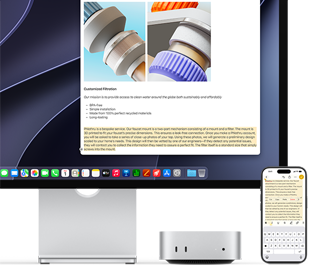 Mac mini elölnézetből egy Studio Display alatt, az eszköztől és a kijelzőtől jobbra egy iPhone, a képernyőn szöveg van kijelölve, ugyanez a szöveg jelenik meg az iPhone képernyőjén is, felette a kivágási, másolási, beillesztési és automatikus kitöltési műveletekkel, szemléltetve az Univerzális vágólap működését