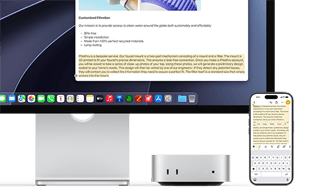 Mac mini elölnézetből egy Studio Display alatt, az eszköztől és a kijelzőtől jobbra egy iPhone, a képernyőn szöveg van kijelölve, ugyanez a szöveg jelenik meg az iPhone képernyőjén is, felette a kivágási, másolási, beillesztési és automatikus kitöltési műveletekkel, szemléltetve az Univerzális vágólap működését