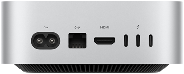 Mac mini hátulnézetből, tápcsatlakozó, Ethernet-port, HDMI-port, három Thunderbolt port