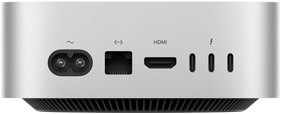 Mac mini hátulnézetből, tápcsatlakozó, Ethernet-port, HDMI-port, három Thunderbolt port