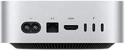 Mac mini hátulnézetből, tápcsatlakozó, Ethernet-port, HDMI-port, három Thunderbolt port