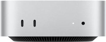 Mac mini elölnézetből, két Thunderbolt port, állapotjelző fény és fejhallgató-csatlakozó, kúpos formájú fekete alap, lapos felső rész, lekerekített oldalak, egyenes élek, ezüstszínű bevonat
