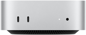 Mac mini elölnézetből, két Thunderbolt port, állapotjelző fény és fejhallgató-csatlakozó, kúpos formájú fekete alap, lapos felső rész, lekerekített oldalak, egyenes élek, ezüstszínű bevonat