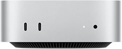 Mac mini elölnézetből, két Thunderbolt port, állapotjelző fény és fejhallgató-csatlakozó, kúpos formájú fekete alap, lapos felső rész, lekerekített oldalak, egyenes élek, ezüstszínű bevonat