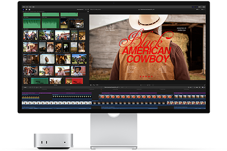Studio Display egy Mac minivel, a kijelző jobb oldalán a Black American Cowboy című film főcíme, a bal oldalon képkockák