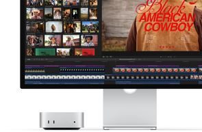 Studio Display egy Mac minivel, a kijelző jobb oldalán a Black American Cowboy című film főcíme, a bal oldalon képkockák