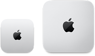 Két Mac mini felülnézetből, ezüstszínű alumíniumházzal, lekerekített sarkokkal, középen fényes fekete Apple-logóval. A bal oldali az újabb verzió, és kevesebb mint feleakkora, mint a jobb oldali modell.