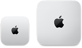 Két Mac mini felülnézetből, ezüstszínű alumíniumházzal, lekerekített sarkokkal, középen fényes fekete Apple-logóval. A bal oldali az újabb verzió, és kevesebb mint feleakkora, mint a jobb oldali modell.