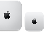 Két Mac mini felülnézetből, ezüstszínű alumíniumházzal, lekerekített sarkokkal, középen fényes fekete Apple-logóval. A bal oldali az újabb verzió, és kevesebb mint feleakkora, mint a jobb oldali modell.