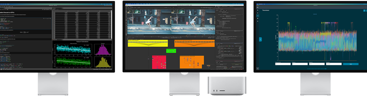 A Mac Studio és három Studio Display, mindegyik kijelzőn más-más macOS-alkalmazás képével