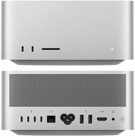 A Mac Studio elölnézeti képe, amelyen látszik a két USB‑C port és az SDXC-kártyaolvasó nyílása, valamint hátulnézeti képe, amelyen látható a négy USB‑C és a két USB-A port, az Ethernet-port, a HDMI-port és a fejhallgató-csatlakozó