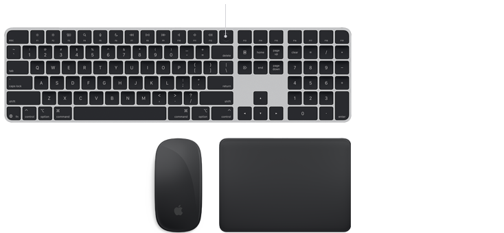 Magic kiegészítők: Touch ID‑s Magic Keyboard, Magic Mouse és Magic Trackpad asztroszürke színben, egymás mellett