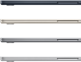 Négy MacBook Air laptop összecsukva, a választékban szereplő bevonatszínekkel: éjfekete, csillagfény, asztroszürke és ezüst