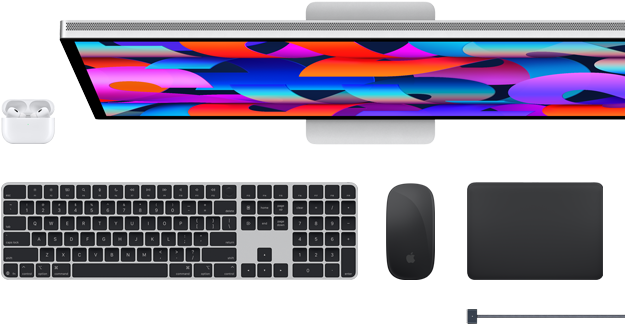 Mac-kiegészítők: AirPods, Studio Display, Magic Keyboard, Magic Mouse, Magic Trackpad, asztrofekete MagSafe töltőkábel