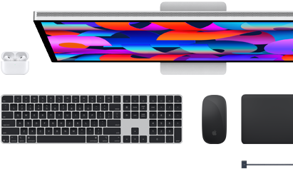 Mac-kiegészítők: AirPods, Studio Display, Magic Keyboard, Magic Mouse, Magic Trackpad, asztrofekete MagSafe töltőkábel