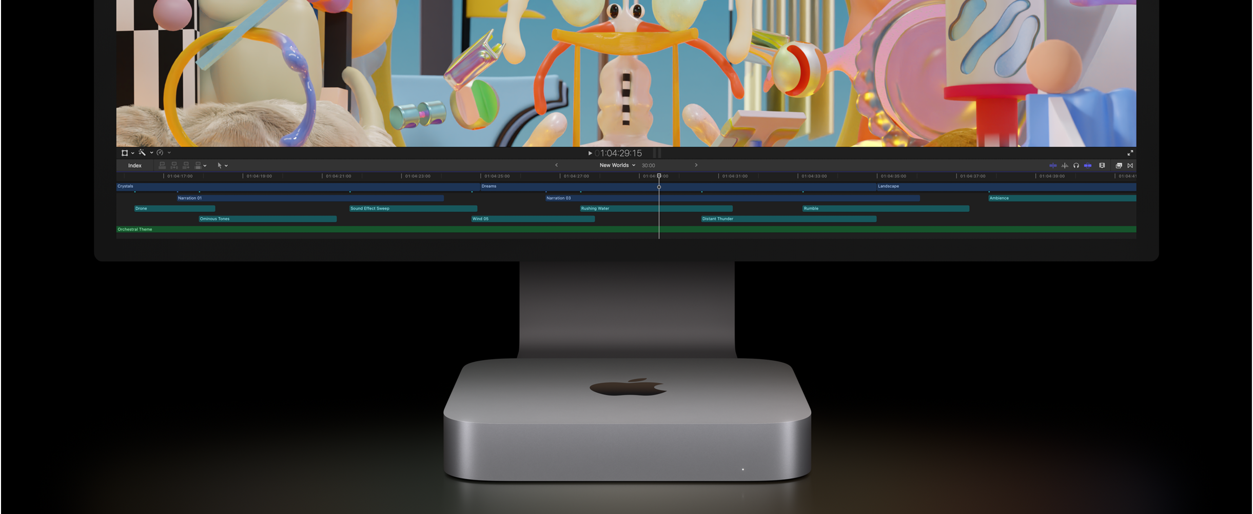 A Mac mini és a Studio Display elölnézeti képe, amelyen egy videóvágási projekt látszik a Final Cut Próban.