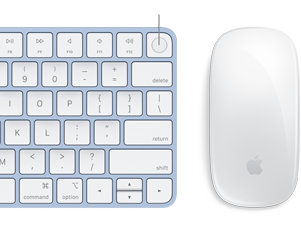 Az iMachez színben illő Magic Keyboard és Magic Mouse közeli képe, mely kiemeli a Touch ID ujjlenyomat-érzékelőt