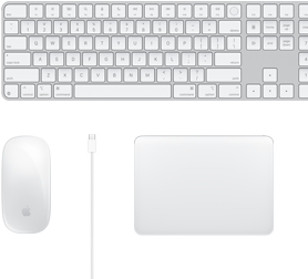 Felülnézeti íróasztalkép Magic Mouse-szal, USB-C kábellel, Magic Trackpaddel és numerikus billentyűzetes Magic Keyboarddal