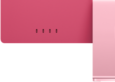 Rózsaszín iMac hátoldala a portokkal, valamint a csatlakozási lehetőségek: négy Thunderbolt port, Wi‑Fi 6E és Bluetooth