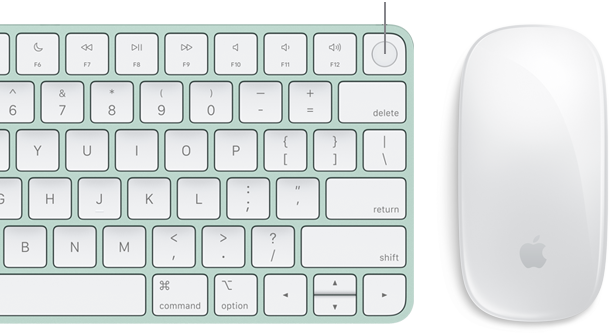 A Touch ID-s Magic Keyboard közeli felülnézete a Magic Mouse-szal.
