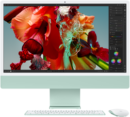 Az iMac képernyőjén, az Adobe Lightroom alkalmazásban megjelenített színes virág érzékelteti a 4.5K-s Retina kijelző széles színtartományát és nagy felbontását.