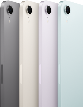 Négy iPad mini hátulnézete és kamerája az elérhető színekben: asztroszürke, csillagfény, lila és kék