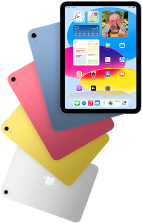 Egy iPad elölnézete a főképernyőt mutatja, mögötte négy iPad látható hátulnézetből kék, rózsaszín, sárga és ezüstszínben