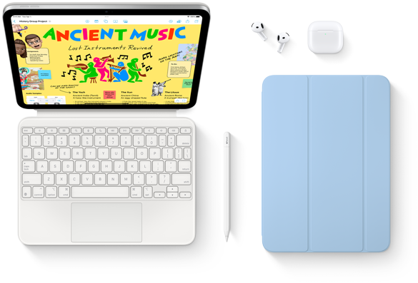 Egy iPad, amely Magic Keyboard Folióhoz, Apple Pencilhez, AirPodshoz és Smart Folióhoz van csatlakoztatva