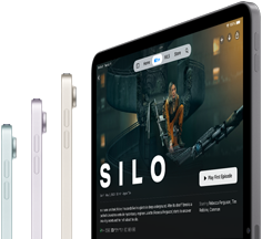 Három iPad Air oldalnézetből, valamint egy negyedik a kijelzőjén A siló című Apple TV+-sorozattal