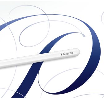 Fehér Apple Pencil Pro, kék spirálszerű mintákat tartalmazó fehér háttérrel