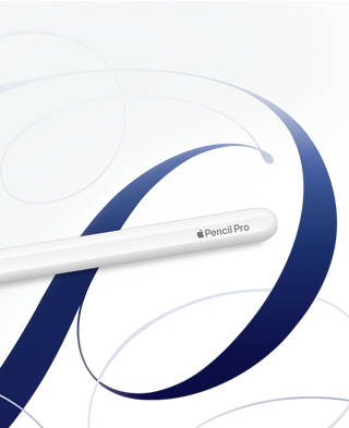 Fehér Apple Pencil Pro, kék spirálszerű mintákat tartalmazó fehér háttérrel